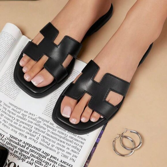 Black Slip In Sandals - Picture 1 of 5